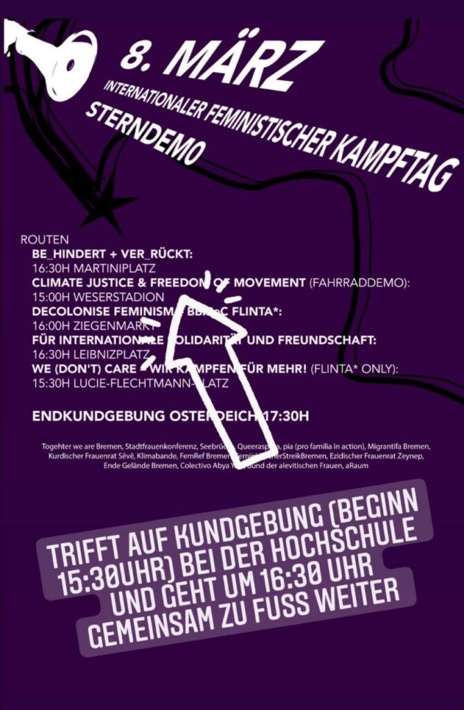 Das Poster das zur Sterndemo am internationalen Feministischen Kampftag in Bremen aufruft. Es ist lila und hat ein Megafon. Die 5 Finger werden kurz vorgestellt.